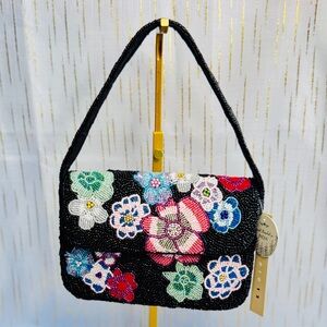 Beaded Floral Shoulder Bag | Black Mini Purse | Statement Evening Bag | NWT